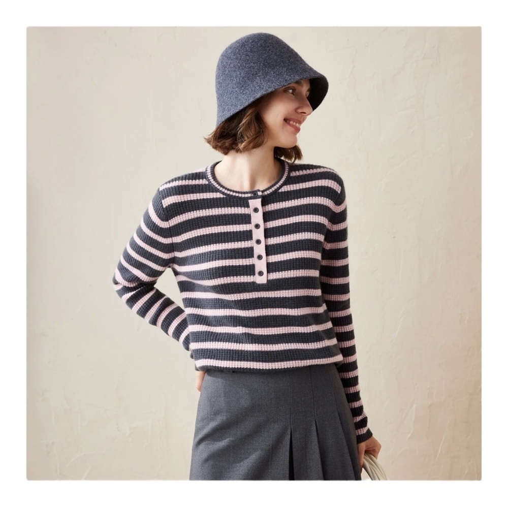 Como Boca 100% Cashmere Striped Knit Henley Sweater NWOT